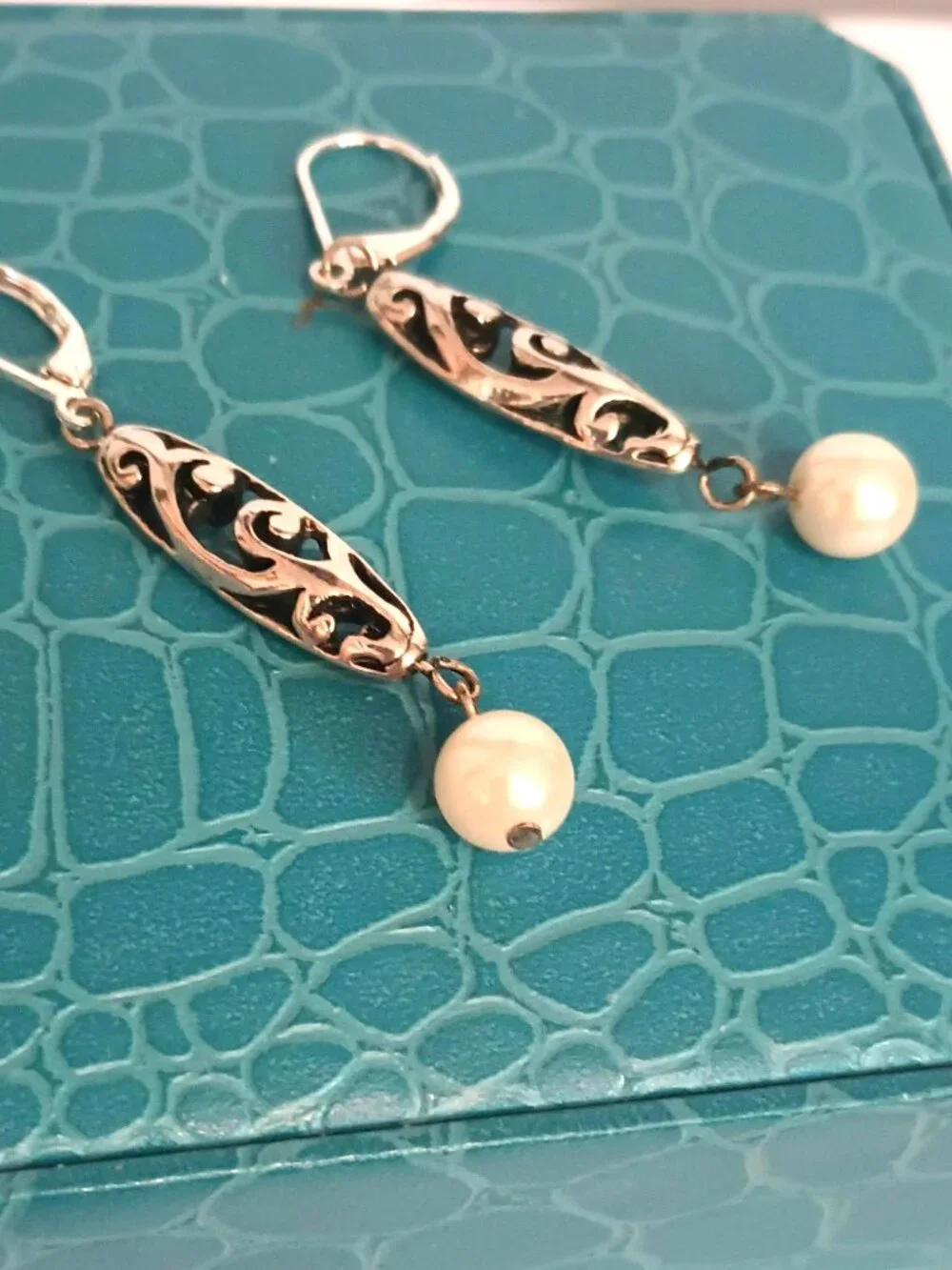 Premier Designs Dangle Pearl Earrings Silver Tone Open Work Scroll Drop Jewelry